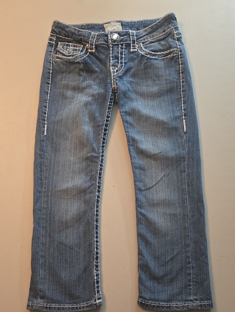 L.A. IDOL USA Low Rise Thick Stitch Bling Capris Size 3 Flap Pocket Y2K
